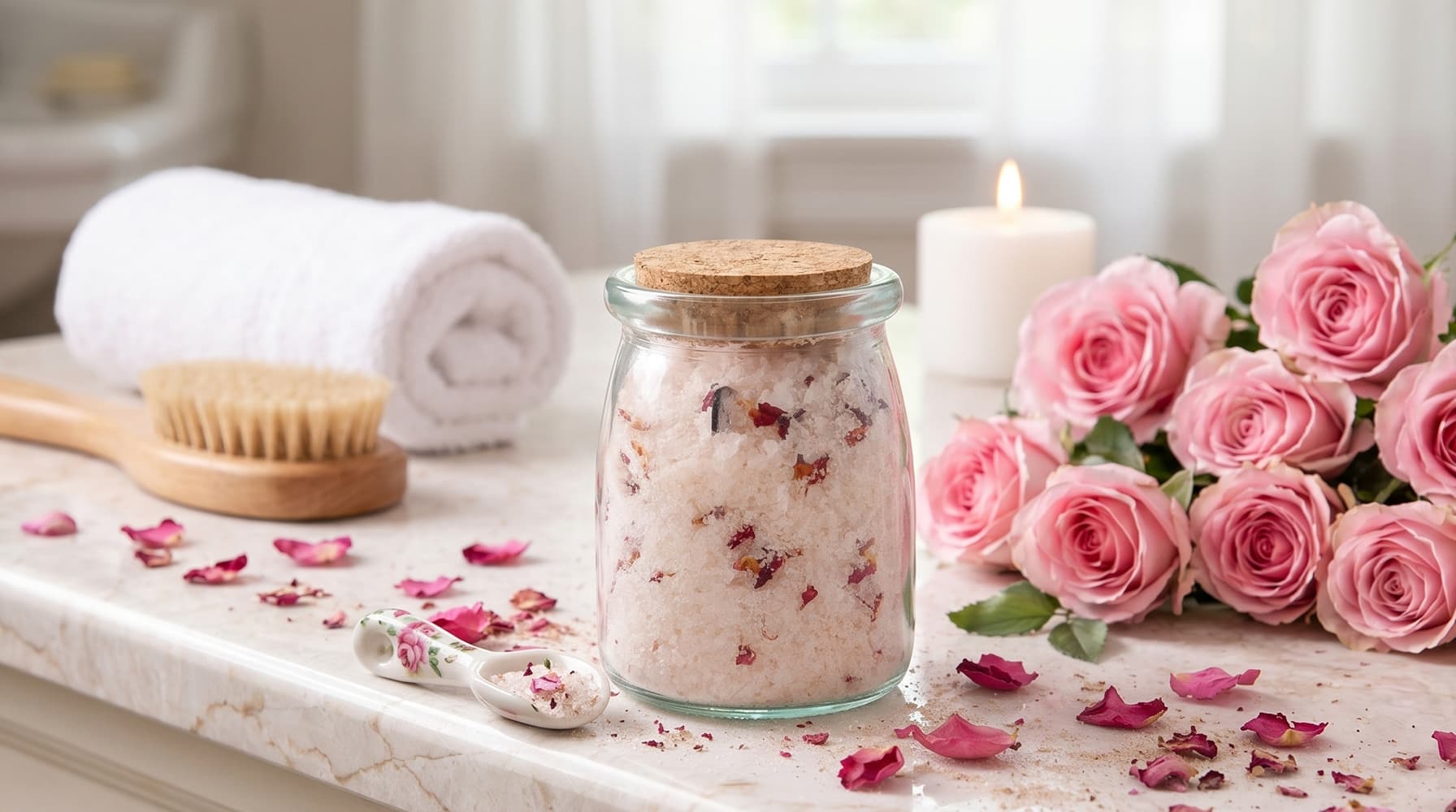 Bath private label jar with pink salt, rose and candle